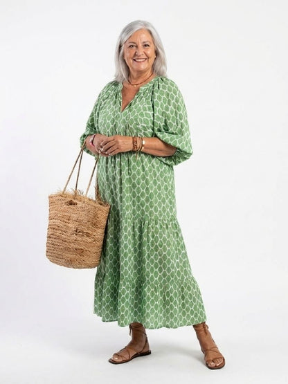 Women's Geometric Pattern Boho Maxi Dress | with Puff Lantern Sleeves