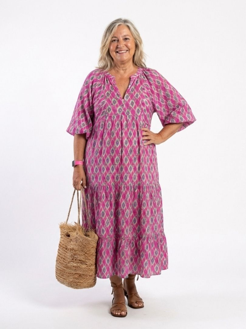 Women's Geometric Pattern Boho Maxi Dress | with Puff Lantern Sleeves