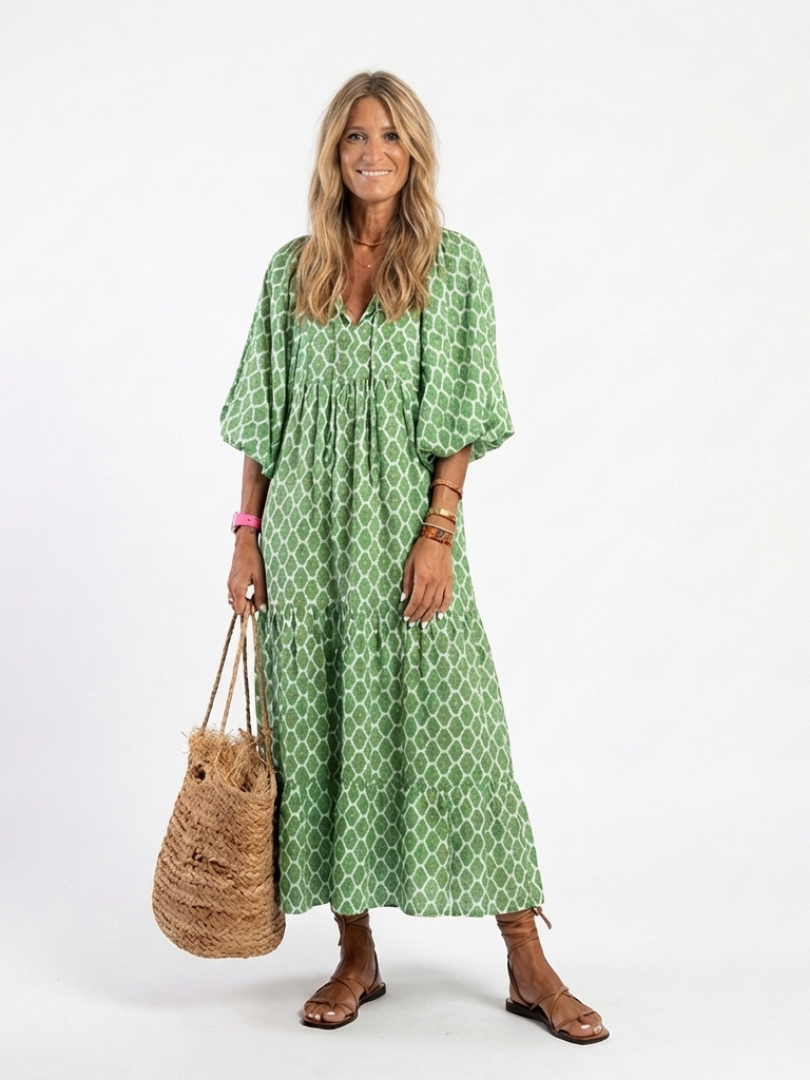 Women's Geometric Pattern Boho Maxi Dress | with Puff Lantern Sleeves
