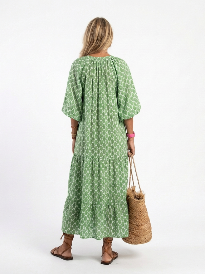 Women's Geometric Pattern Boho Maxi Dress | with Puff Lantern Sleeves