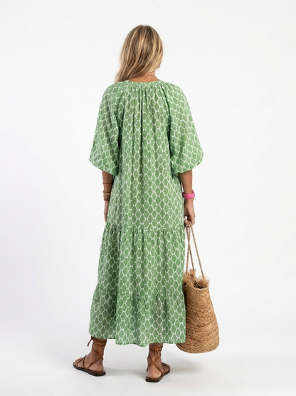 Women's Geometric Pattern Boho Maxi Dress | with Puff Lantern Sleeves