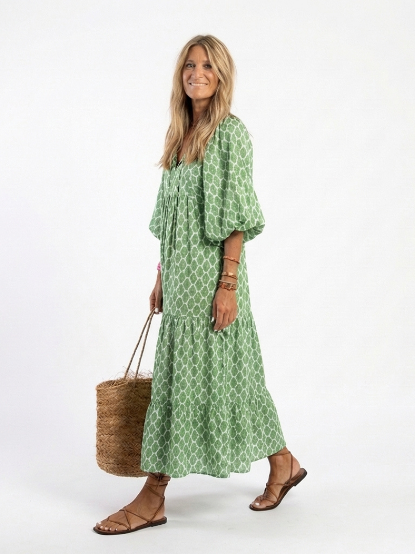 Women's Geometric Pattern Boho Maxi Dress | with Puff Lantern Sleeves
