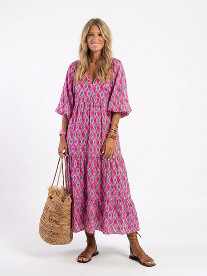 Women's Geometric Pattern Boho Maxi Dress | with Puff Lantern Sleeves