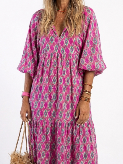 Women's Geometric Pattern Boho Maxi Dress | with Puff Lantern Sleeves