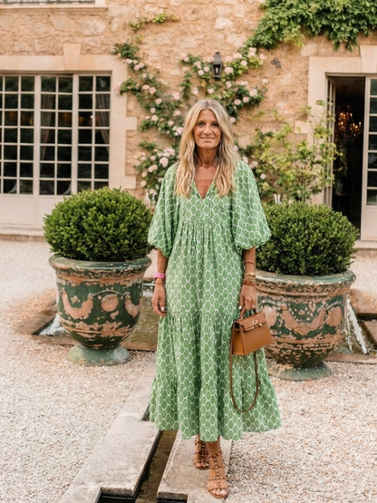Women's Geometric Pattern Boho Maxi Dress | with Puff Lantern Sleeves