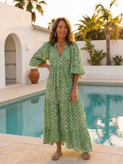 Women's Geometric Pattern Boho Maxi Dress | with Puff Lantern Sleeves