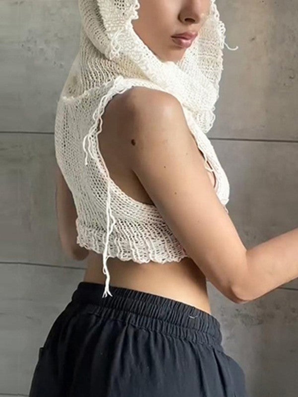 Punk Crochet Knit Cropped Tank Top with Hood