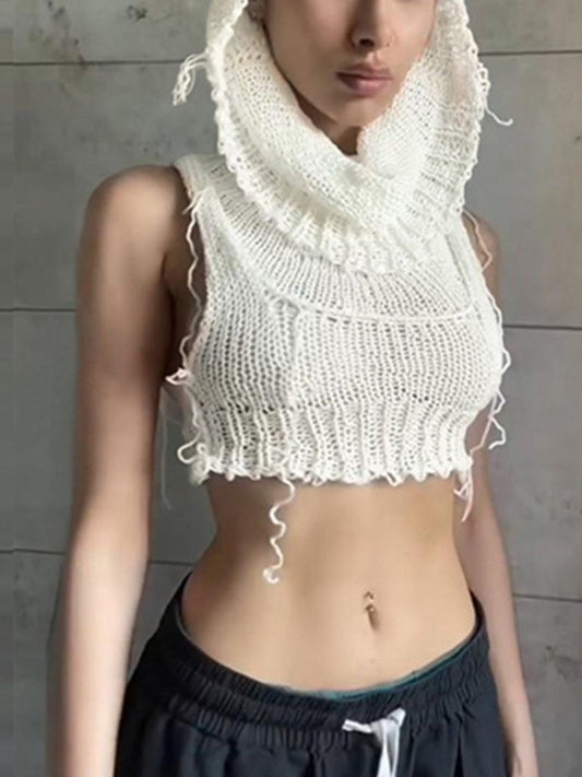 Punk Crochet Knit Cropped Tank Top with Hood