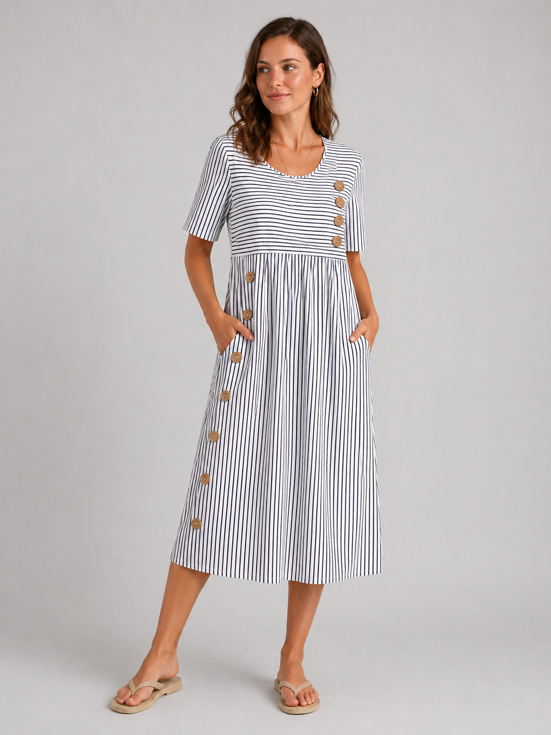 Women's Casual Summer Striped Midi Dress | with Pockets