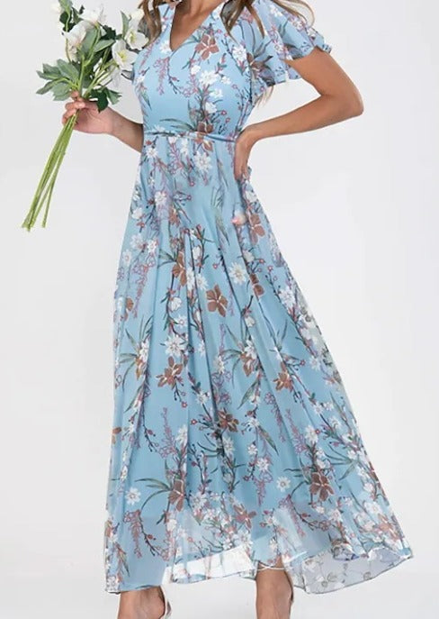 Women's Floral V-Neck Flutter Sleeve Summer Dress | Maxi