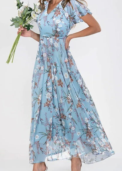Women's Floral V-Neck Flutter Sleeve Summer Dress | Maxi