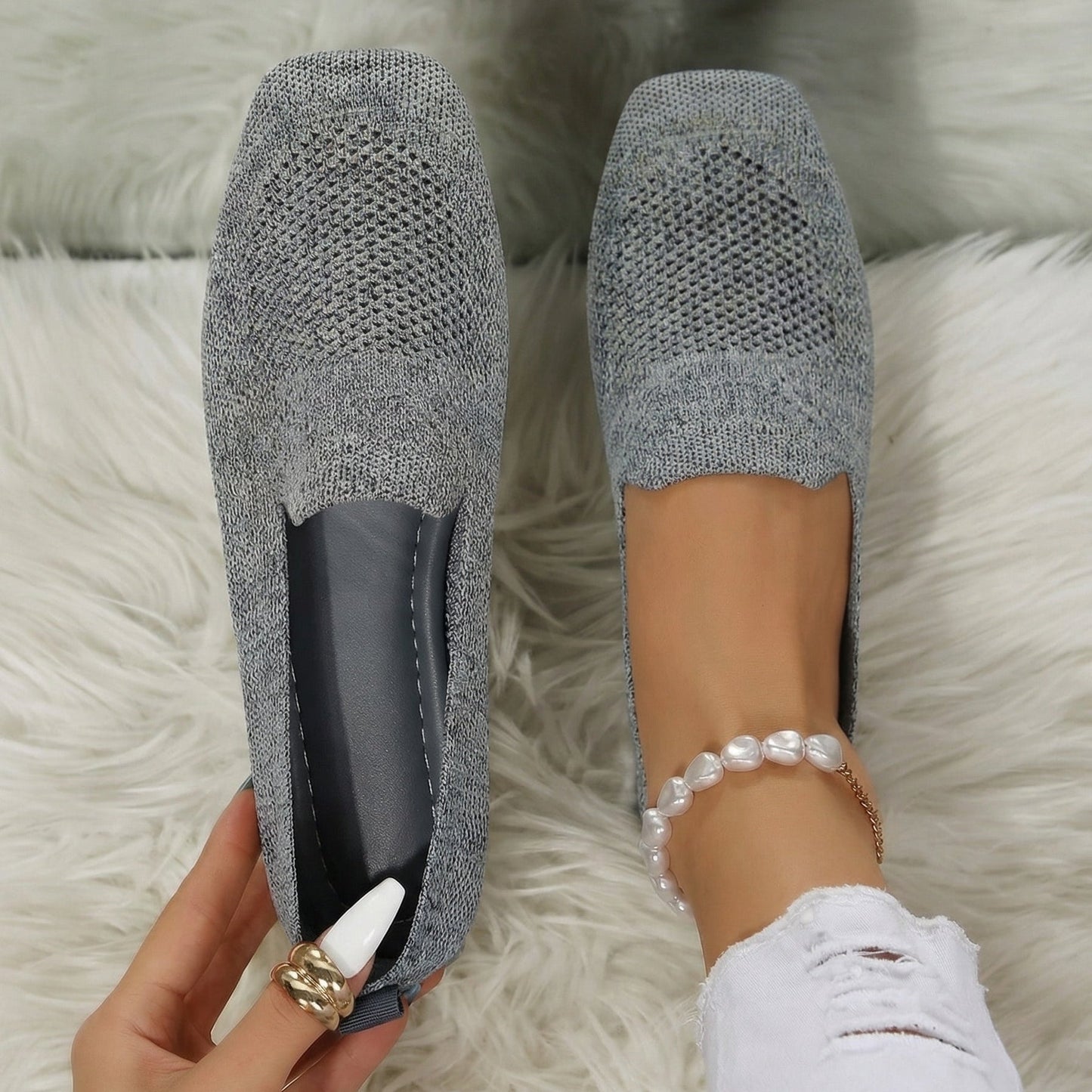 Women's Square Toe Knitted Flats | Slip-On