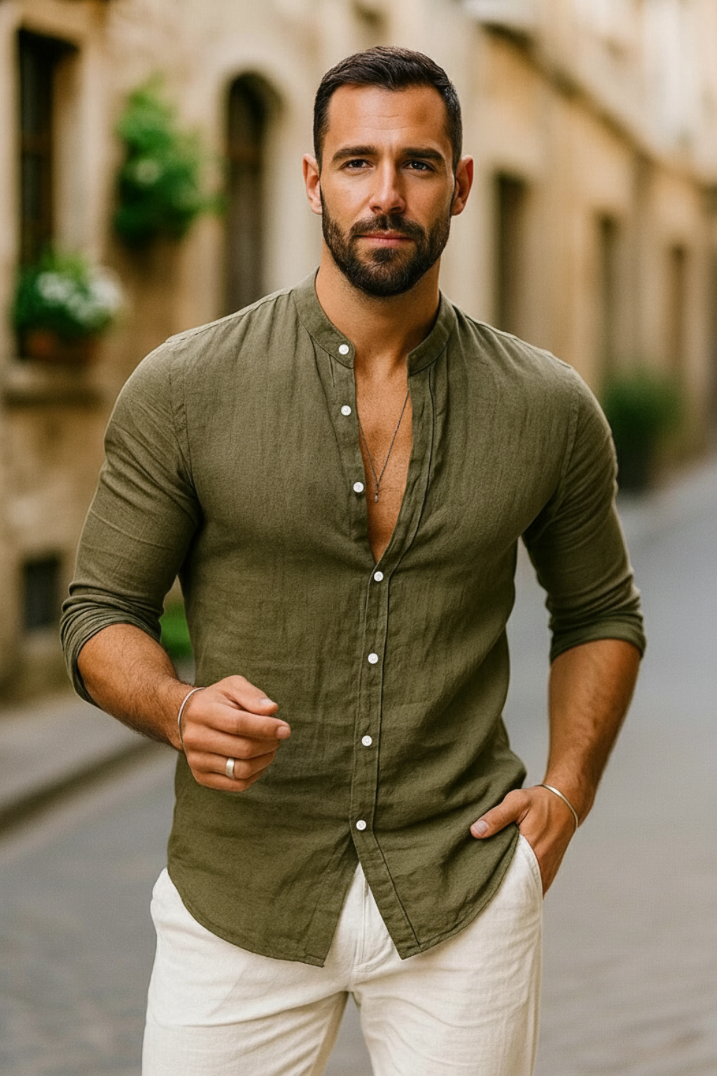 Men’s Casual Mandarin Collar Shirt | Long Sleeve