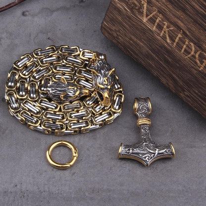 60–90 cm Stainless Steel Double Wolf Head & Hammer Survival Spirit Necklace/Bracelet