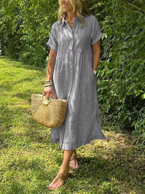 Women’s Striped Summer Midi Shirt Dress | with Pockets