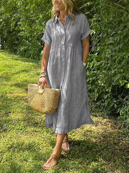Women’s Striped Summer Midi Shirt Dress | with Pockets