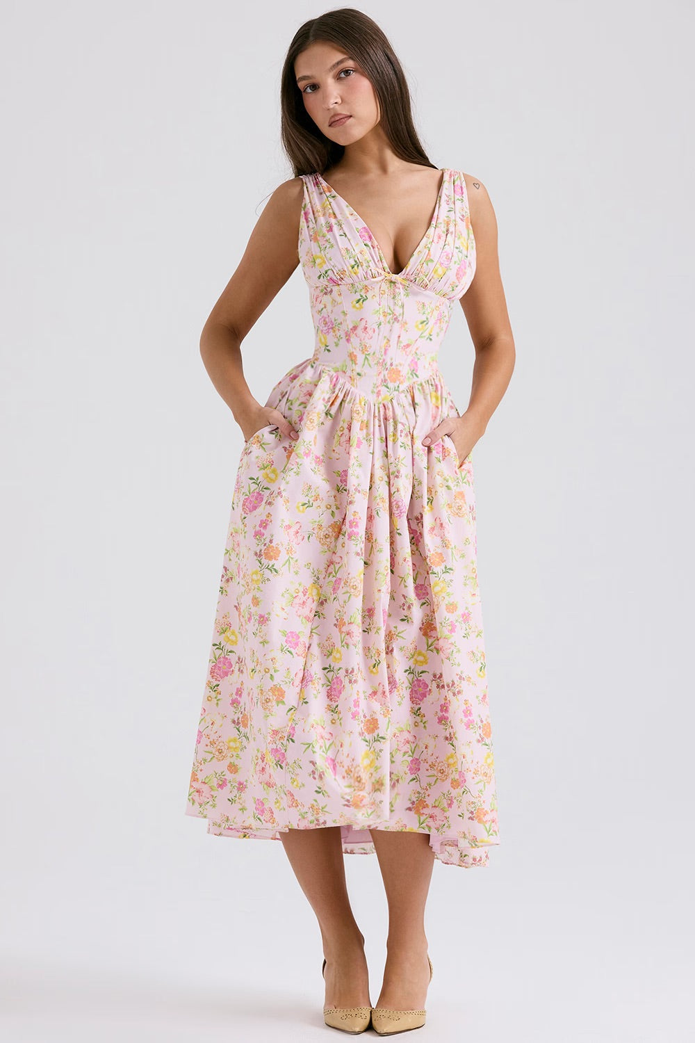 Women's Floral V-Neck Corset Sundress | Midi