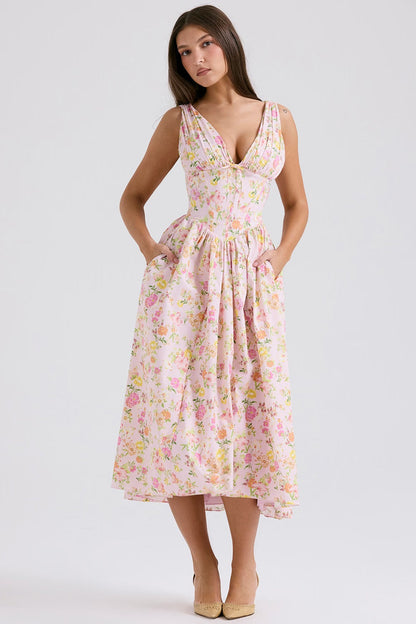 Women's Floral V-Neck Corset Sundress | Midi
