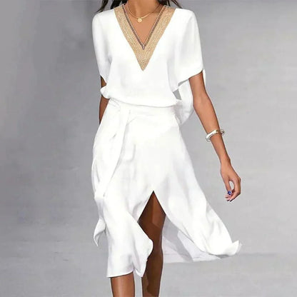 Women's V-Neck White Summer Dress | Midi