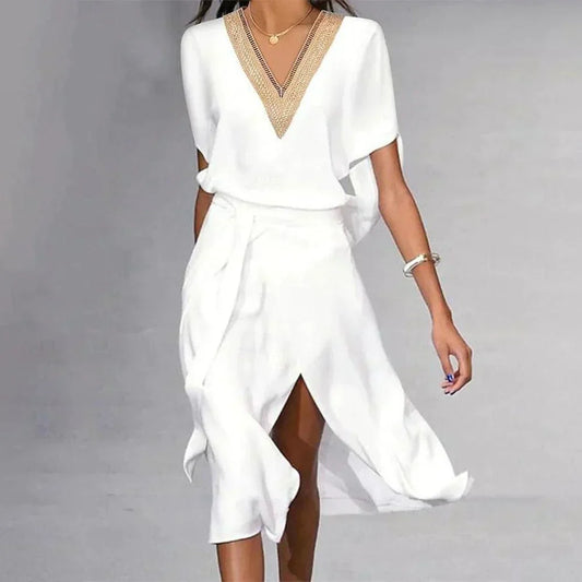 Women's V-Neck White Summer Dress | Midi