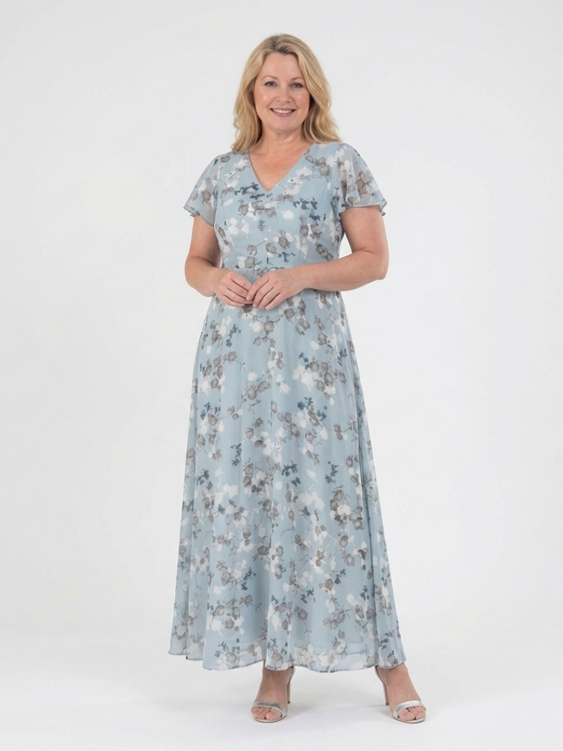 Women's Floral V-Neck Maxi Dress | Short Sleeve