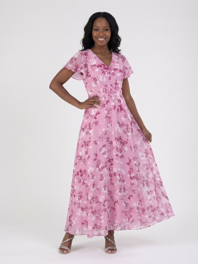 Women's Floral V-Neck Maxi Dress | Short Sleeve