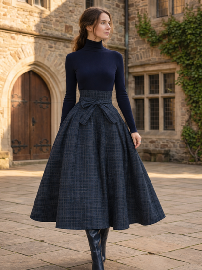 Women's Two-Piece Plaid Maxi Skirt and Turtleneck Top Set | Winter Outfit