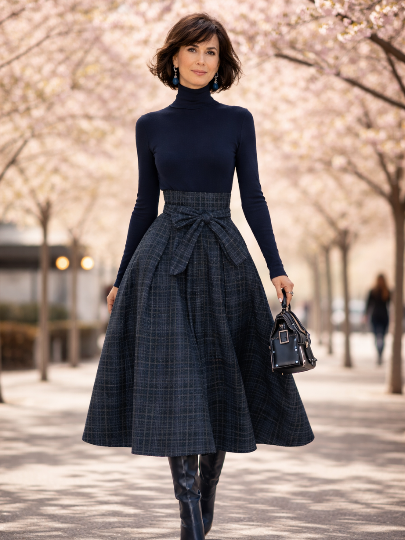 Women's Two-Piece Plaid Maxi Skirt and Turtleneck Top Set | Winter Outfit