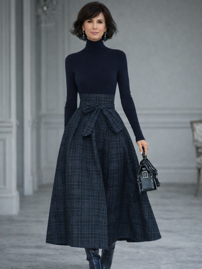 Women's Two-Piece Plaid Maxi Skirt and Turtleneck Top Set | Winter Outfit