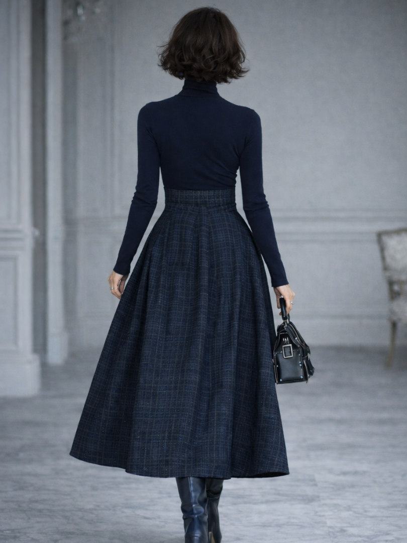 Women's Two-Piece Plaid Maxi Skirt and Turtleneck Top Set | Winter Outfit