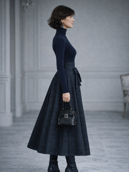 Women's Two-Piece Plaid Maxi Skirt and Turtleneck Top Set | Winter Outfit
