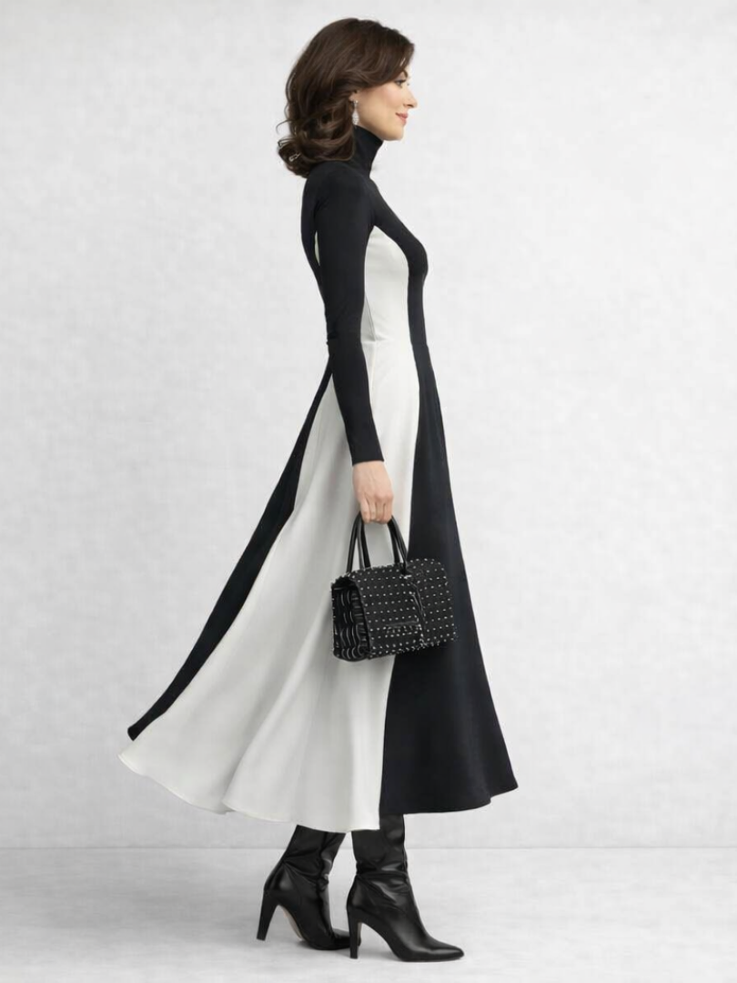 Women's Two-Tone Long Sleeve Turtleneck Dress | Maxi
