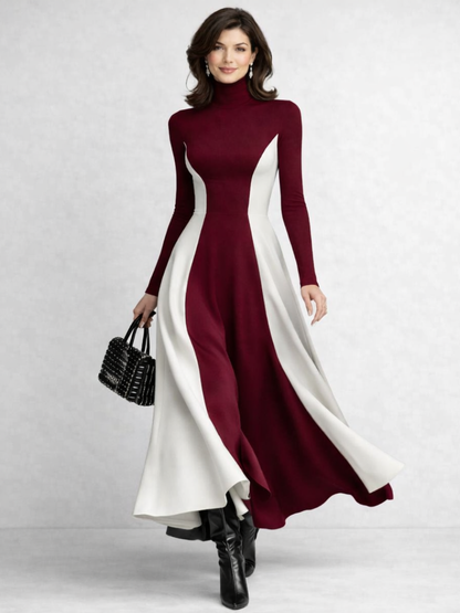 Women's Two-Tone Long Sleeve Turtleneck Dress | Maxi