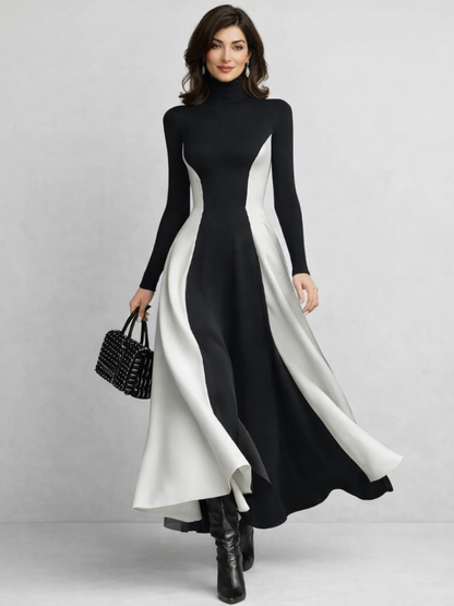 Women's Two-Tone Long Sleeve Turtleneck Dress | Maxi