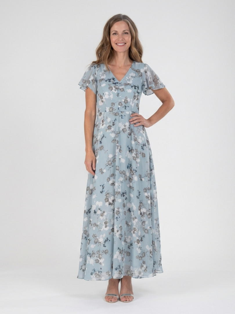 Women's Floral V-Neck Maxi Dress | Short Sleeve