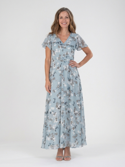 Women's Floral V-Neck Maxi Dress | Short Sleeve
