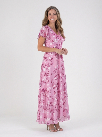 Women's Floral V-Neck Maxi Dress | Short Sleeve