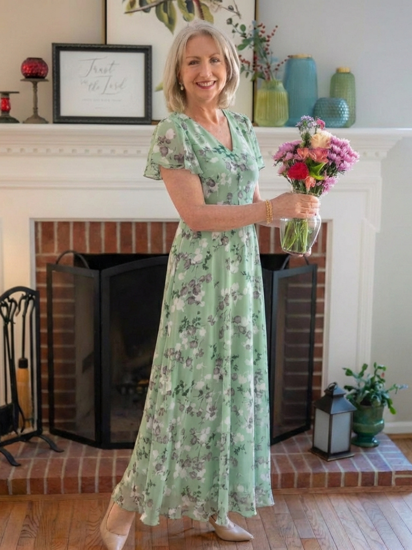 Women's Floral V-Neck Maxi Dress | Short Sleeve
