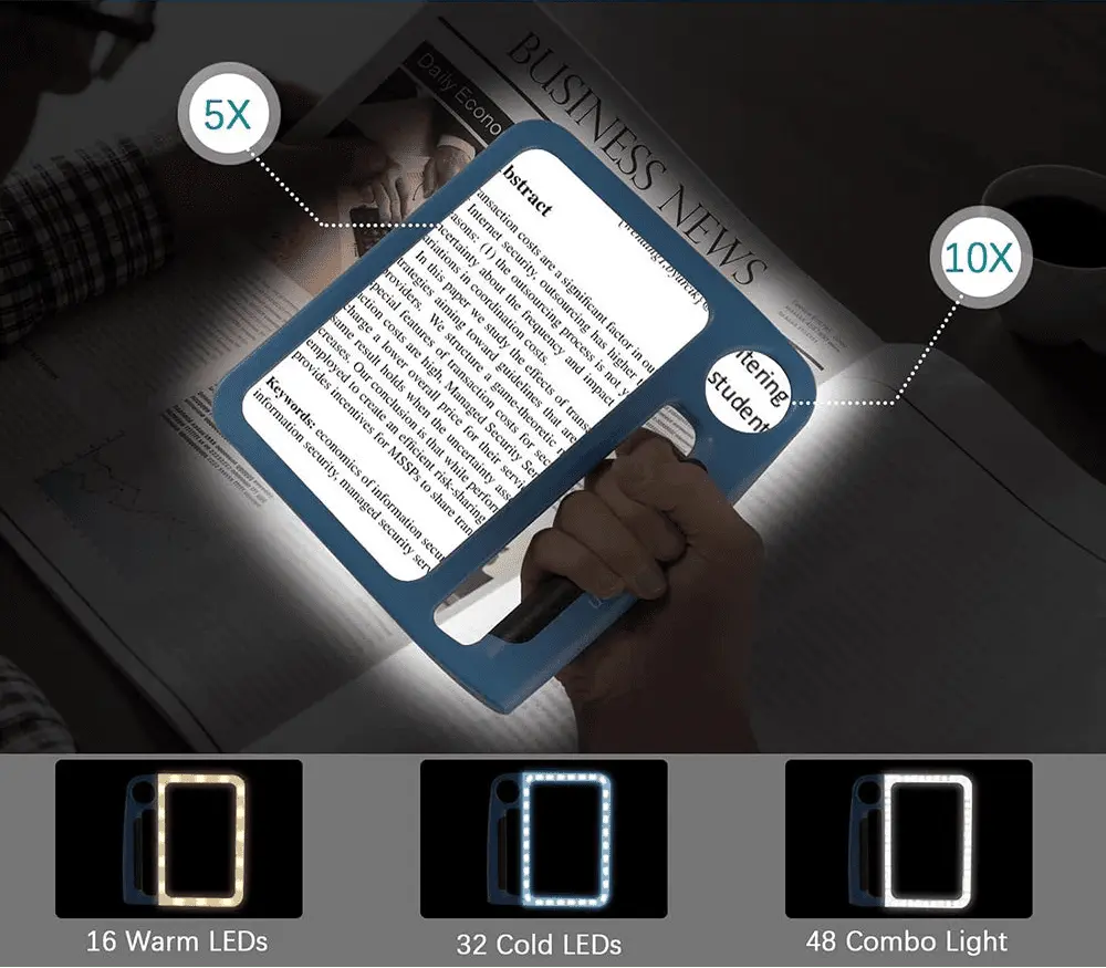 Illuminated Magnifying Glass - 5x & 10x Magnification with 48 LEDs for Easy Reading