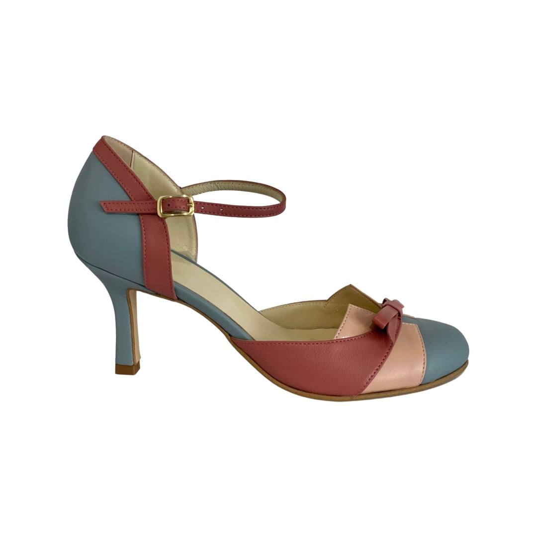Women's Retro Colorblock Ankle Strap Heels | with Bow Detail