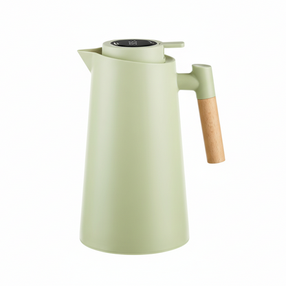 Double-Walled Thermos Bottle with Temperature Display and Wooden Handle