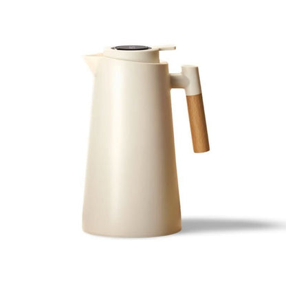 Double-Walled Thermos Bottle with Temperature Display and Wooden Handle
