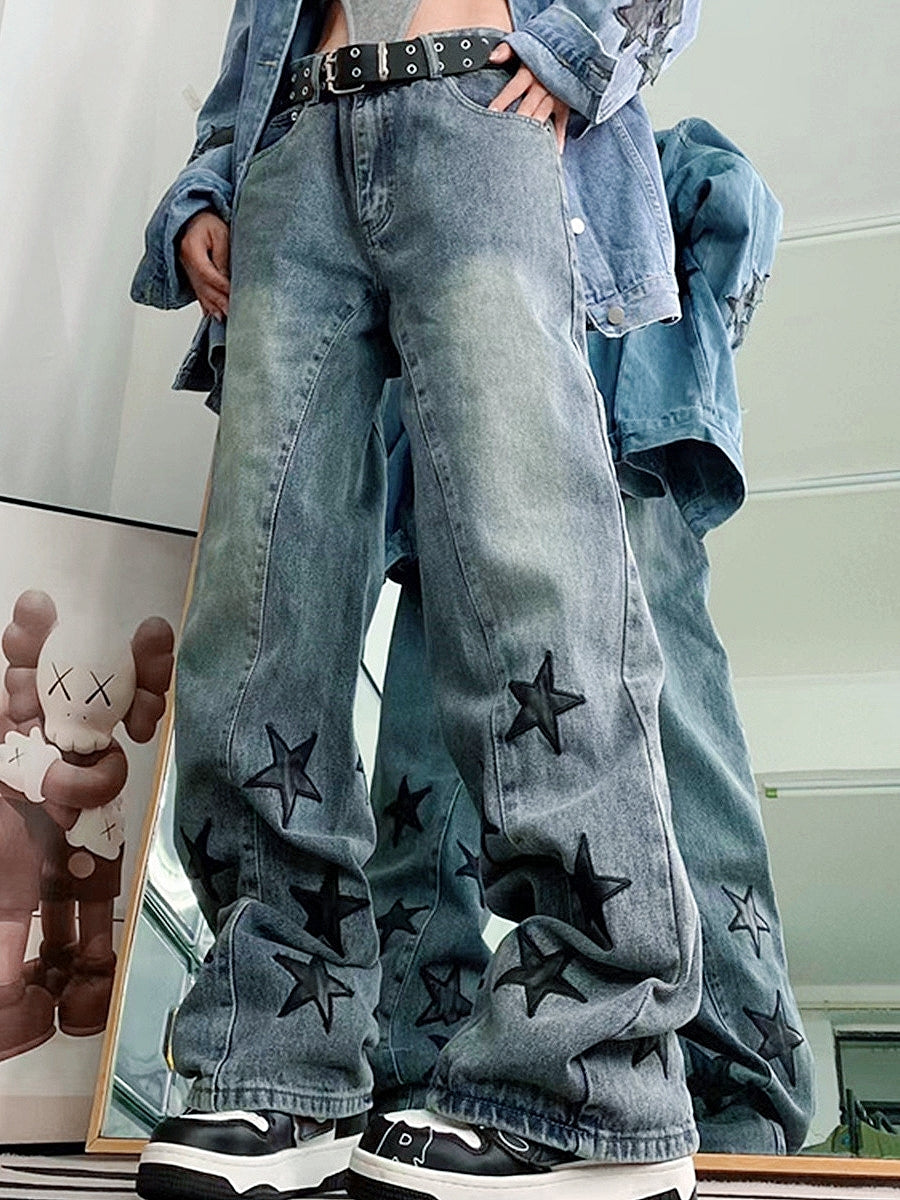 Vintage Blue Washed Effect Boyfriend Jeans with Star Patch