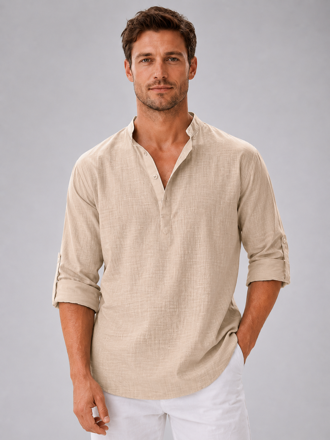 Men's Relaxed Fit Henley Shirt | with Mandarin Collar