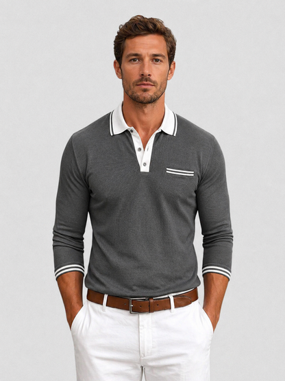 Men's Smart Casual Slim Fit Contrast Trim Polo Shirt | Long Sleeve