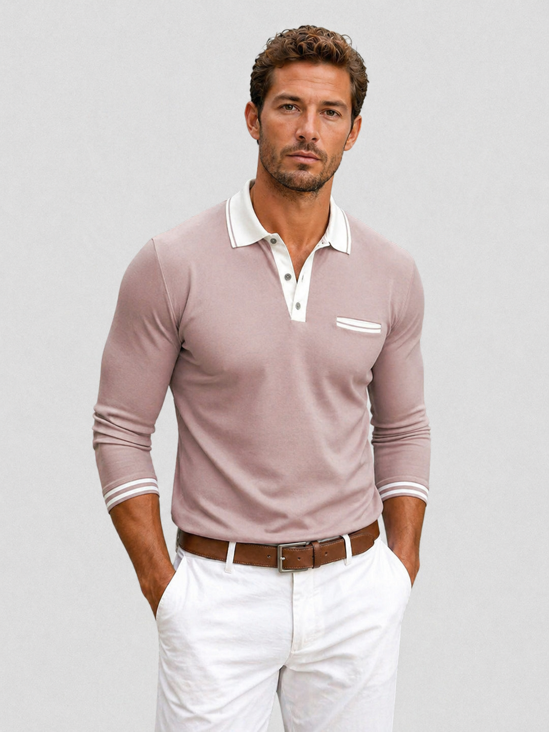 Men's Smart Casual Slim Fit Contrast Trim Polo Shirt | Long Sleeve