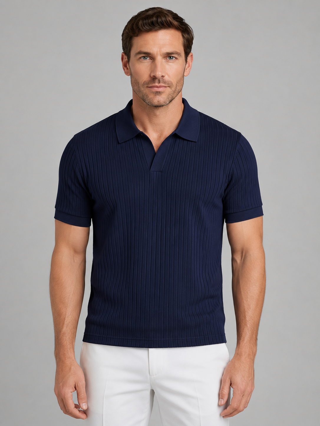 Men's Ribbed Knit V-Neck Polo Shirt | Short Sleeve