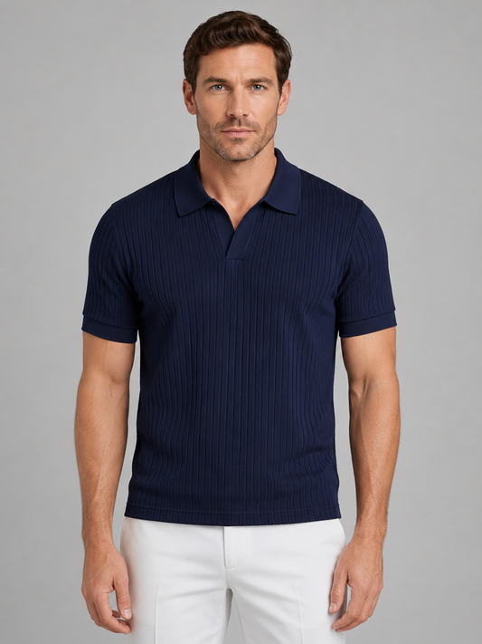 Men's Ribbed Knit V-Neck Polo Shirt | Short Sleeve
