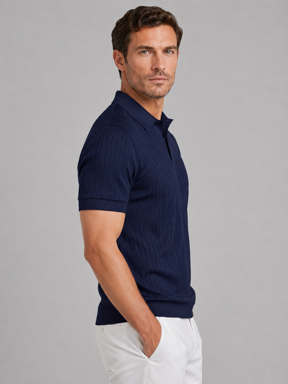 Men's Ribbed Knit V-Neck Polo Shirt | Short Sleeve