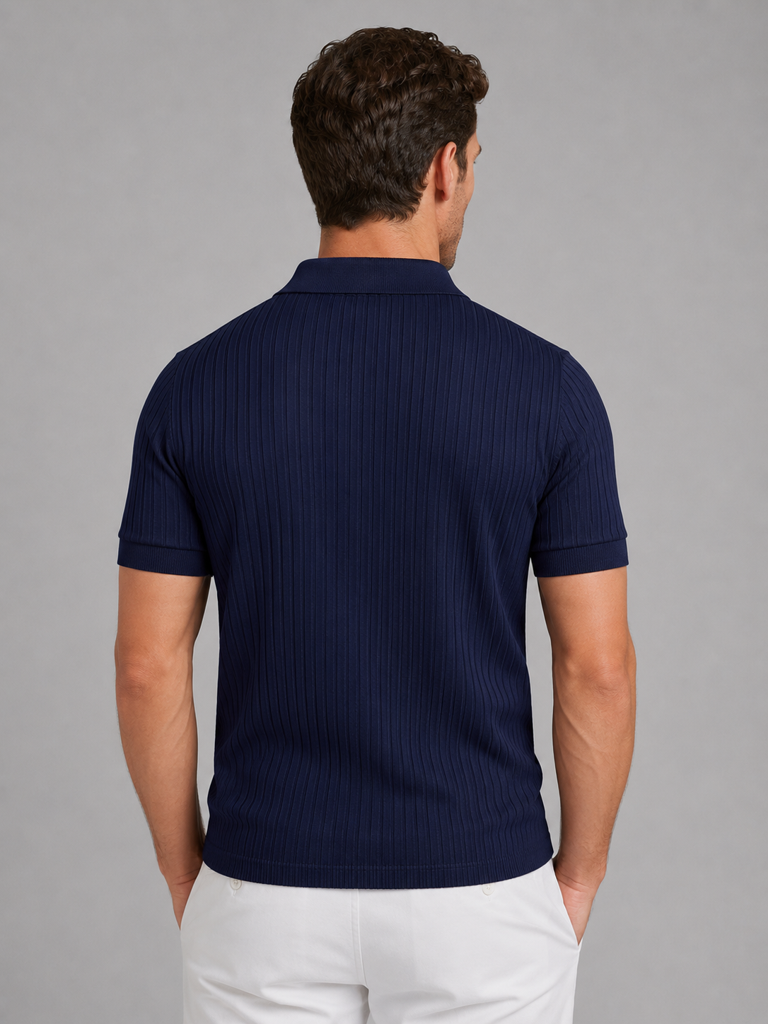 Men's Ribbed Knit V-Neck Polo Shirt | Short Sleeve
